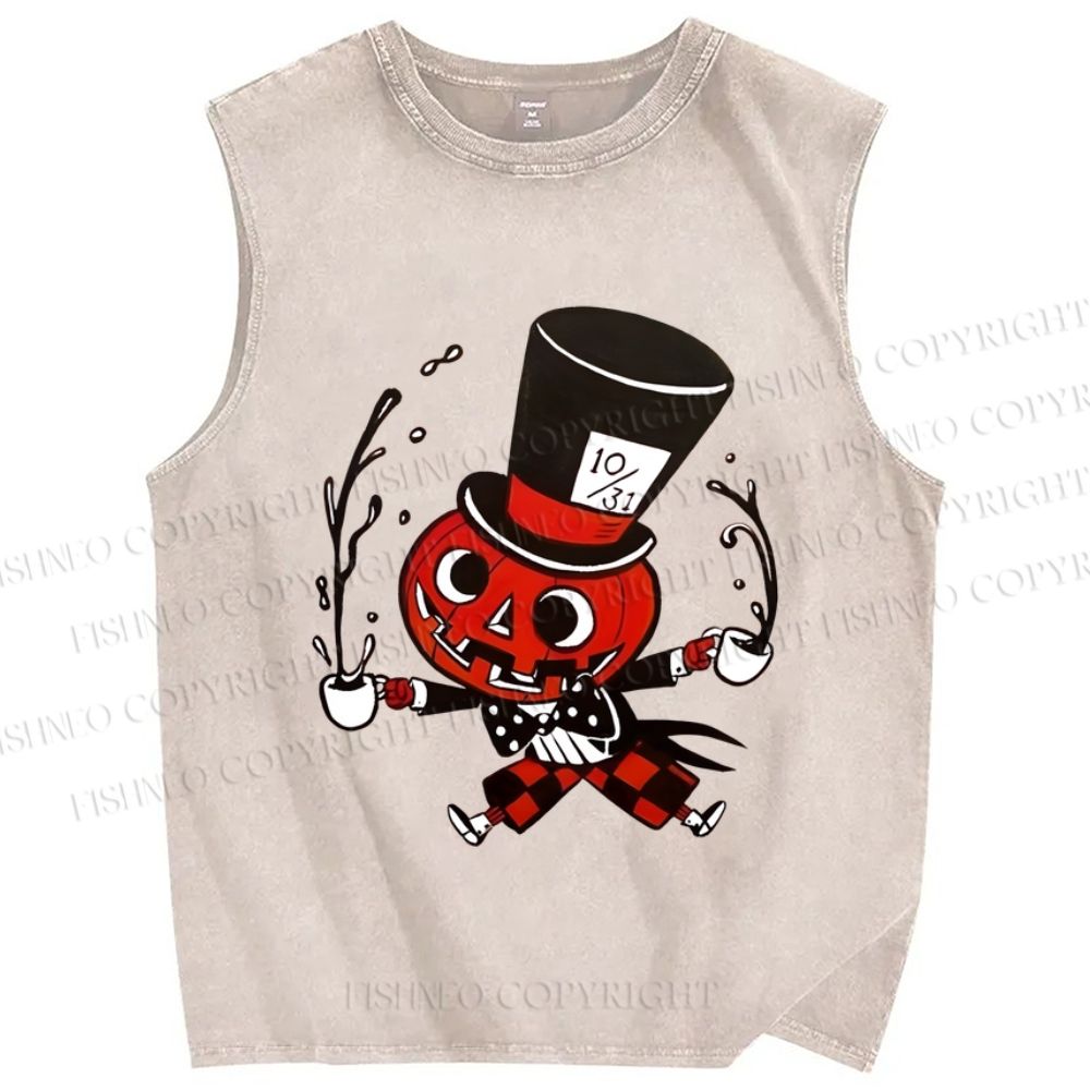 Unisex Vintage Halloween Pumpkin Printed Washed Tank Top