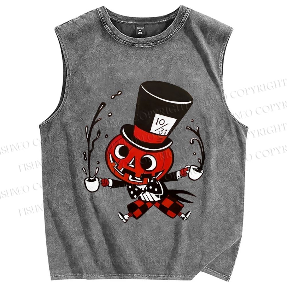 Unisex Vintage Halloween Pumpkin Printed Washed Tank Top