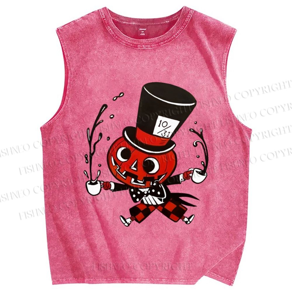 Unisex Vintage Halloween Pumpkin Printed Washed Tank Top