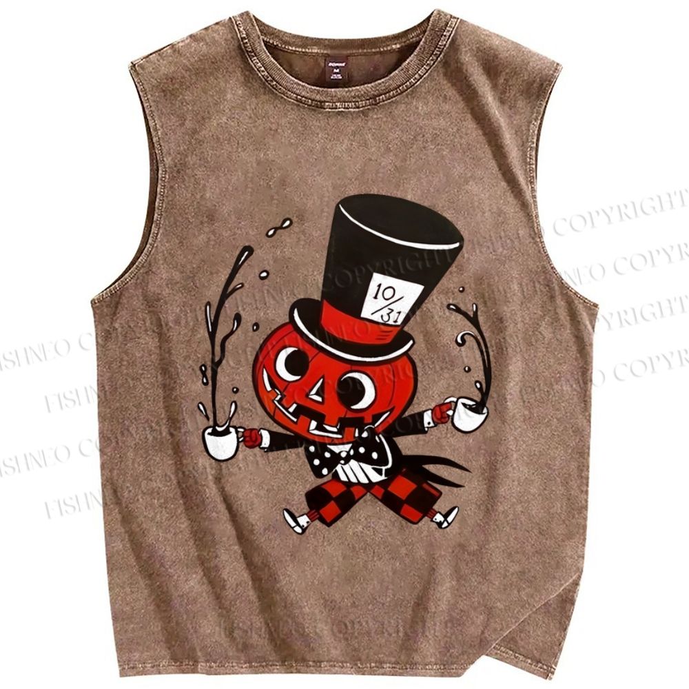 Unisex Vintage Halloween Pumpkin Printed Washed Tank Top