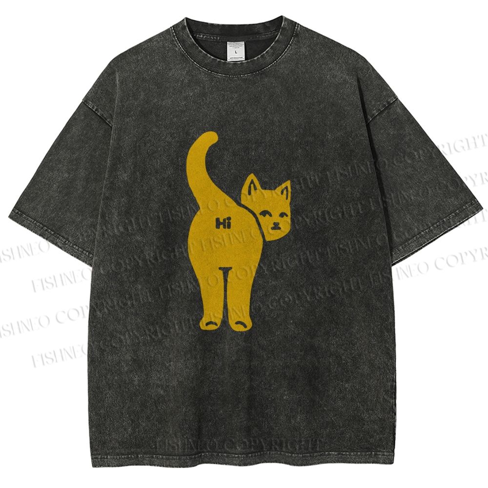 Unisex Funny Cat Hi Printed Washed Tee