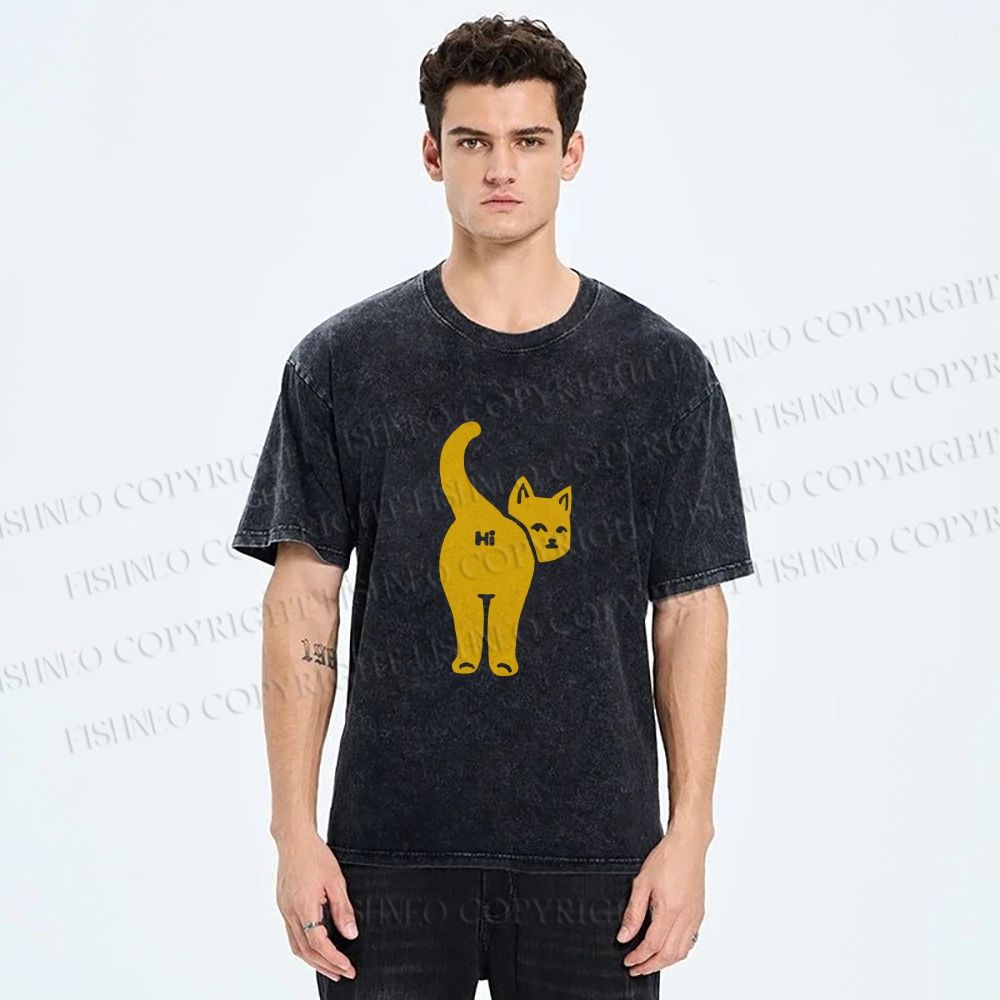 Unisex Funny Cat Hi Printed Washed Tee