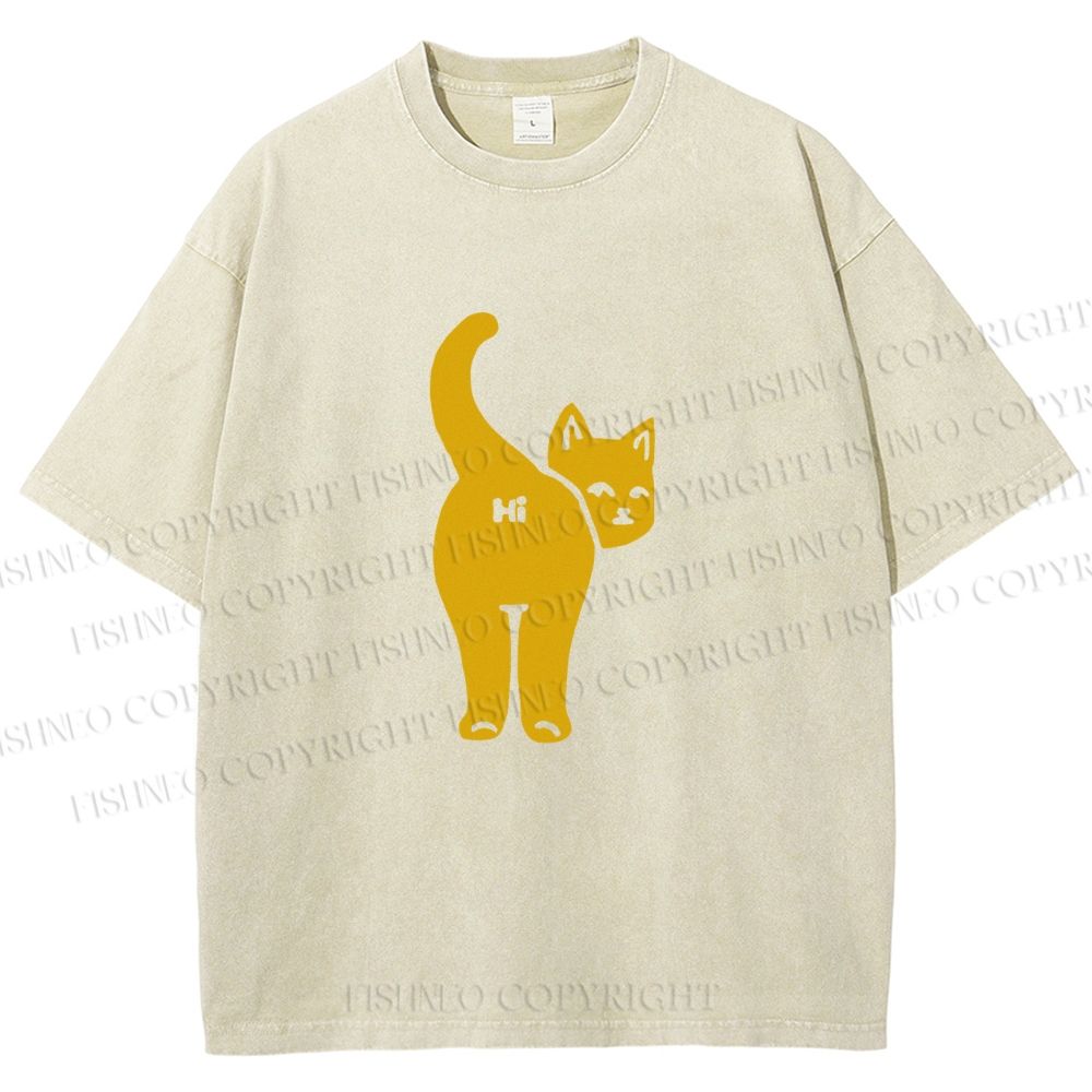 Unisex Funny Cat Hi Printed Washed Tee