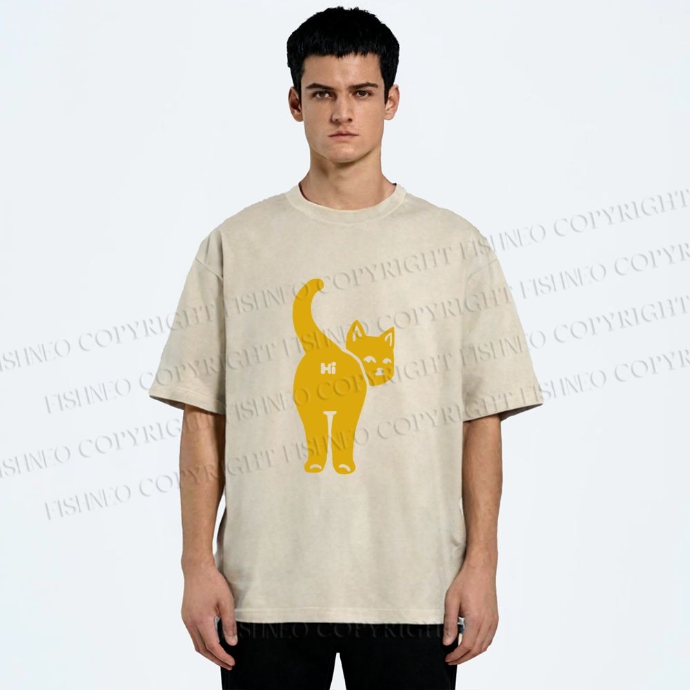 Unisex Funny Cat Hi Printed Washed Tee