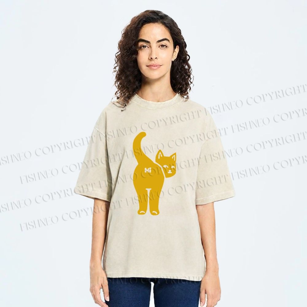 Unisex Funny Cat Hi Printed Washed Tee