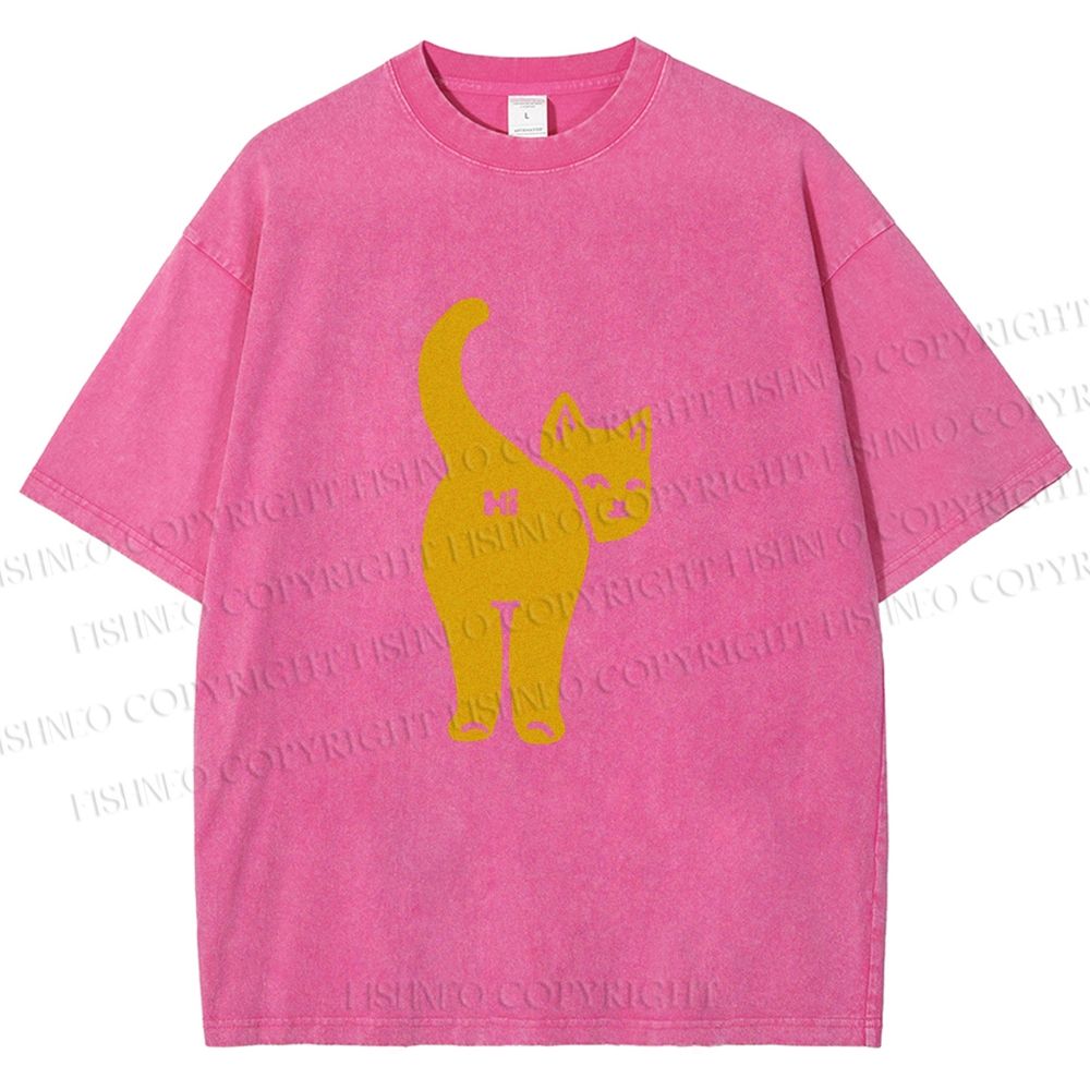 Unisex Funny Cat Hi Printed Washed Tee
