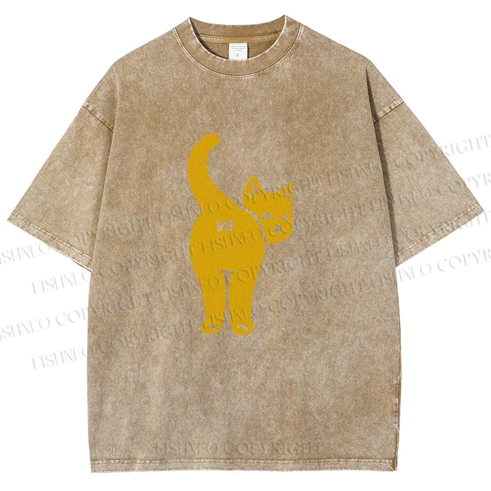 Unisex Funny Cat Hi Printed Washed Tee