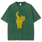 Unisex Funny Cat Hi Printed Washed Tee