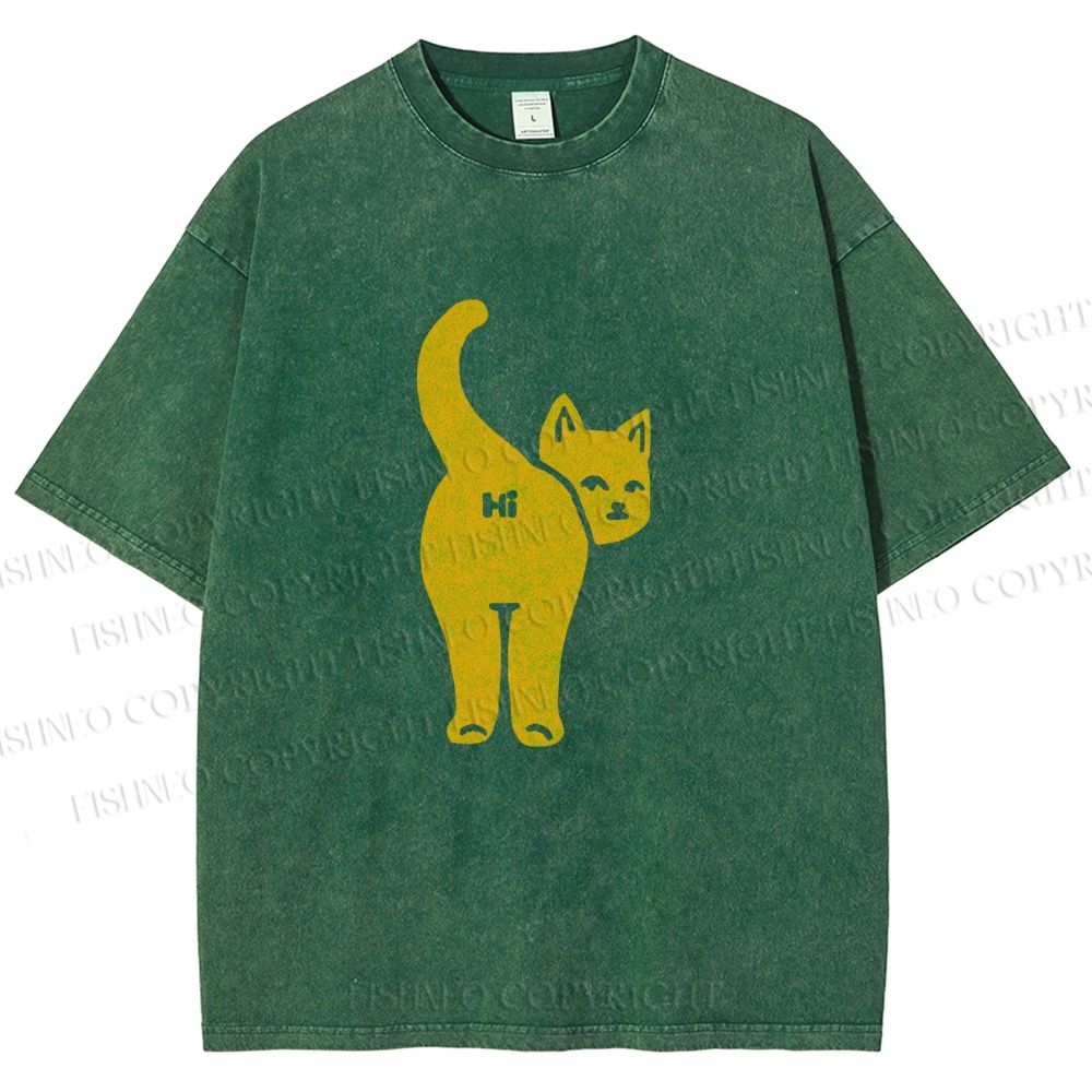 Unisex Funny Cat Hi Printed Washed Tee