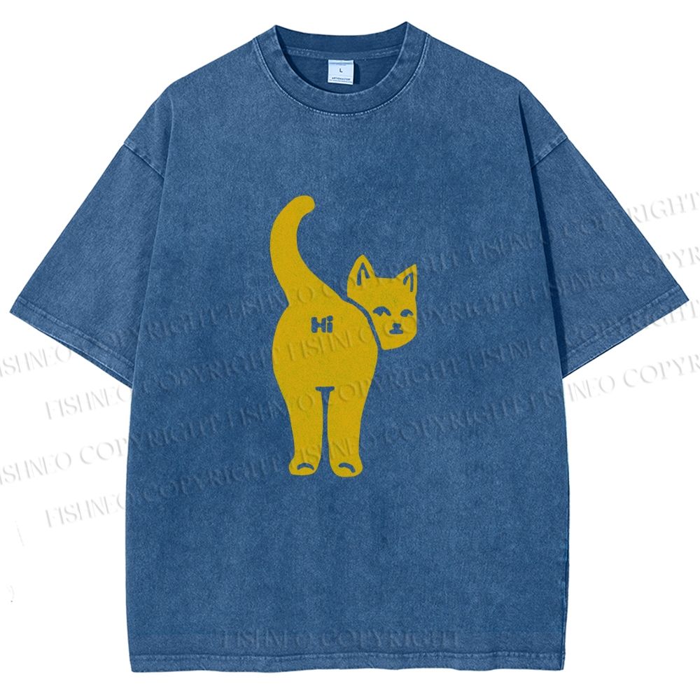 Unisex Funny Cat Hi Printed Washed Tee