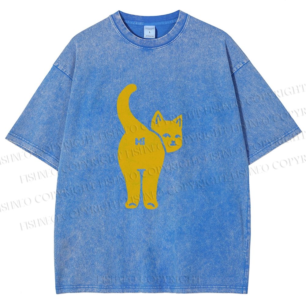 Unisex Funny Cat Hi Printed Washed Tee