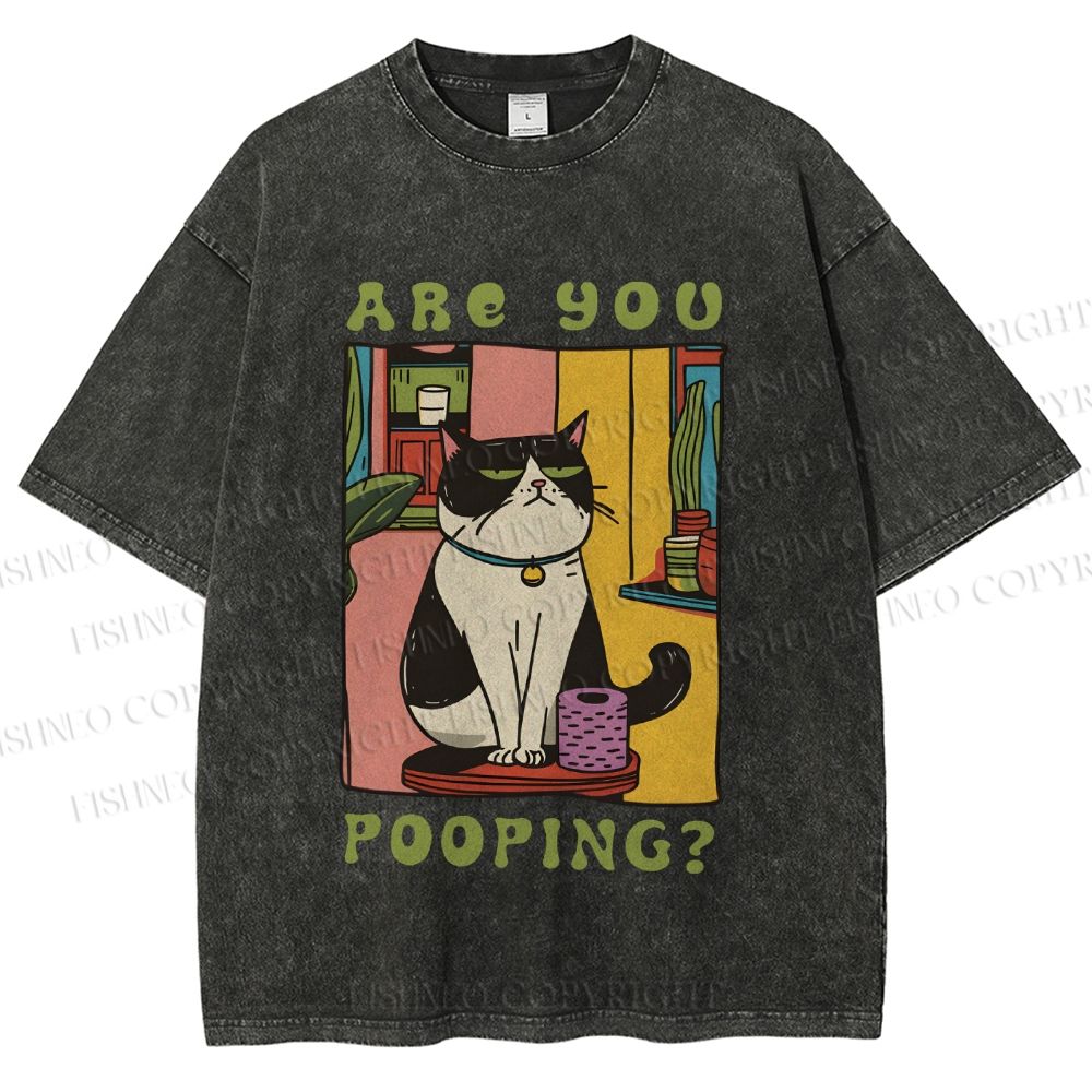 Unisex Are You Pooping Cat Printed Washed Tee