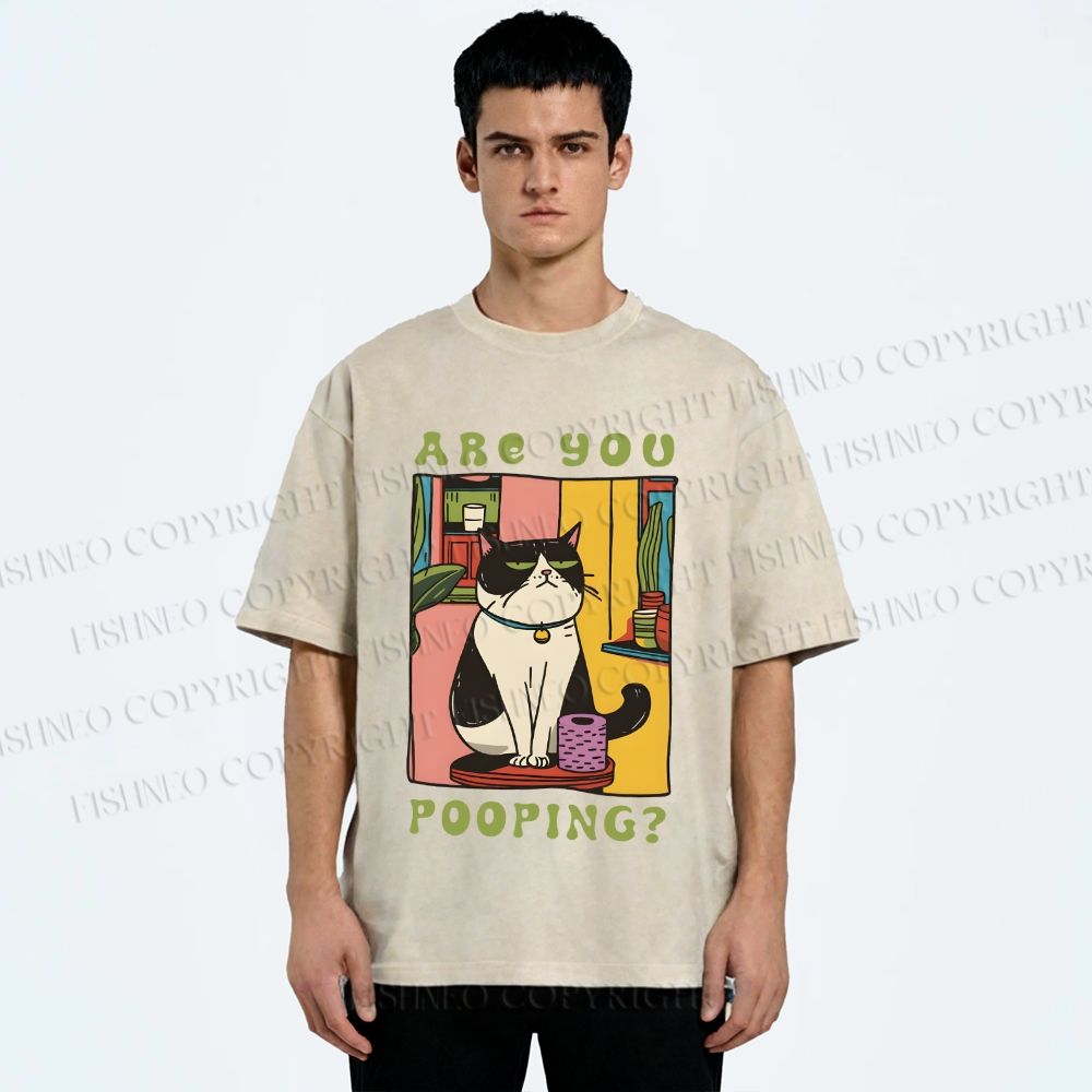 Unisex Are You Pooping Cat Printed Washed Tee