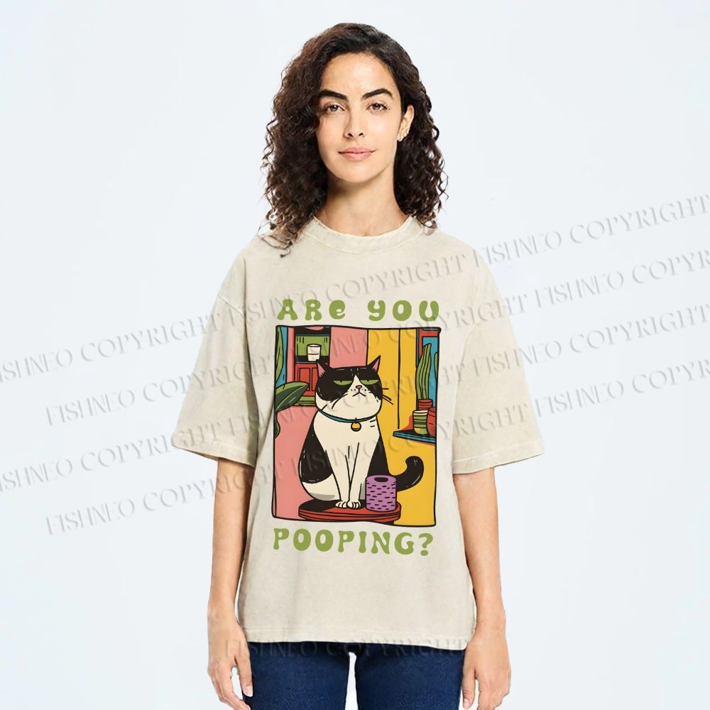 Unisex Are You Pooping Cat Printed Washed Tee
