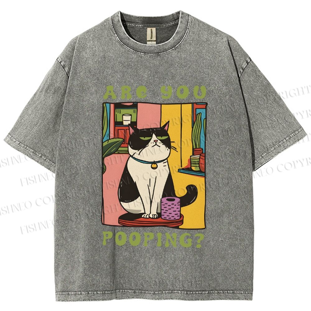 Unisex Are You Pooping Cat Printed Washed Tee