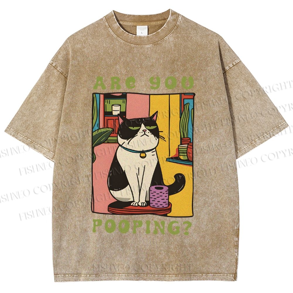 Unisex Are You Pooping Cat Printed Washed Tee