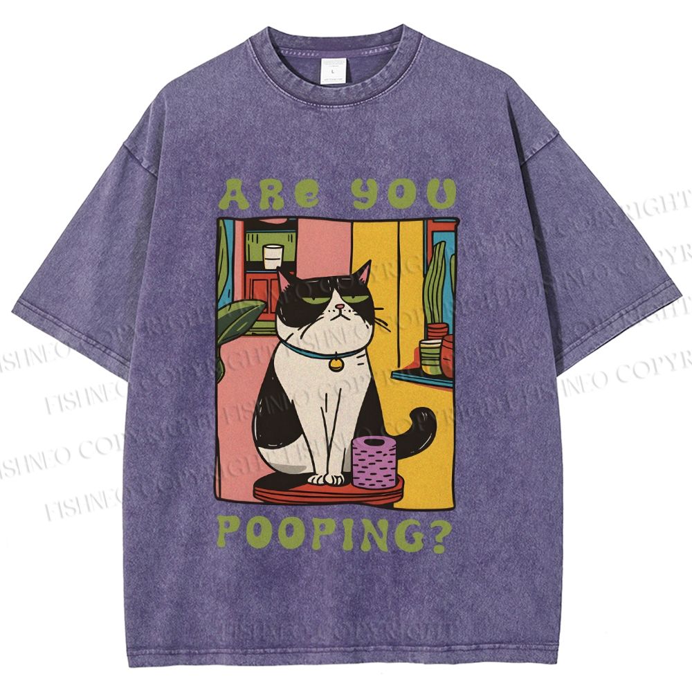 Unisex Are You Pooping Cat Printed Washed Tee