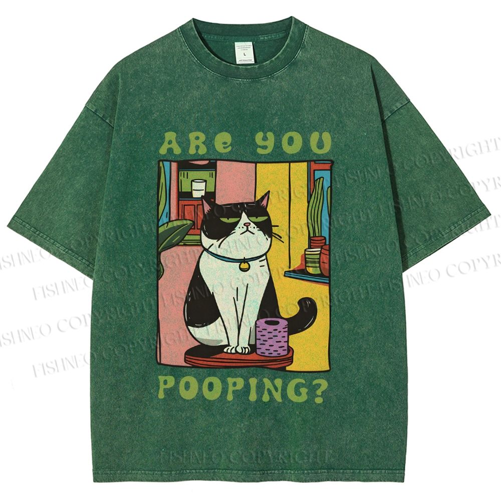 Unisex Are You Pooping Cat Printed Washed Tee