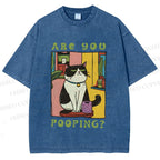 Unisex Are You Pooping Cat Printed Washed Tee