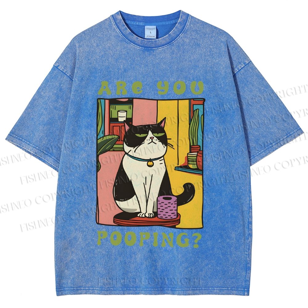 Unisex Are You Pooping Cat Printed Washed Tee