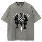Unisex Vintage Fish Tarde Printed Washed Tee