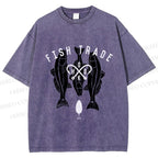 Unisex Vintage Fish Tarde Printed Washed Tee