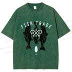 Unisex Vintage Fish Tarde Printed Washed Tee
