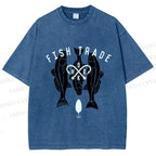 Unisex Vintage Fish Tarde Printed Washed Tee