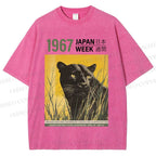 Unisex Vintage Japanese Panther Printed Washed Tee