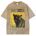 Unisex Vintage Japanese Panther Printed Washed Tee