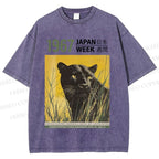 Unisex Vintage Japanese Panther Printed Washed Tee