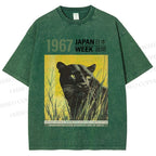 Unisex Vintage Japanese Panther Printed Washed Tee