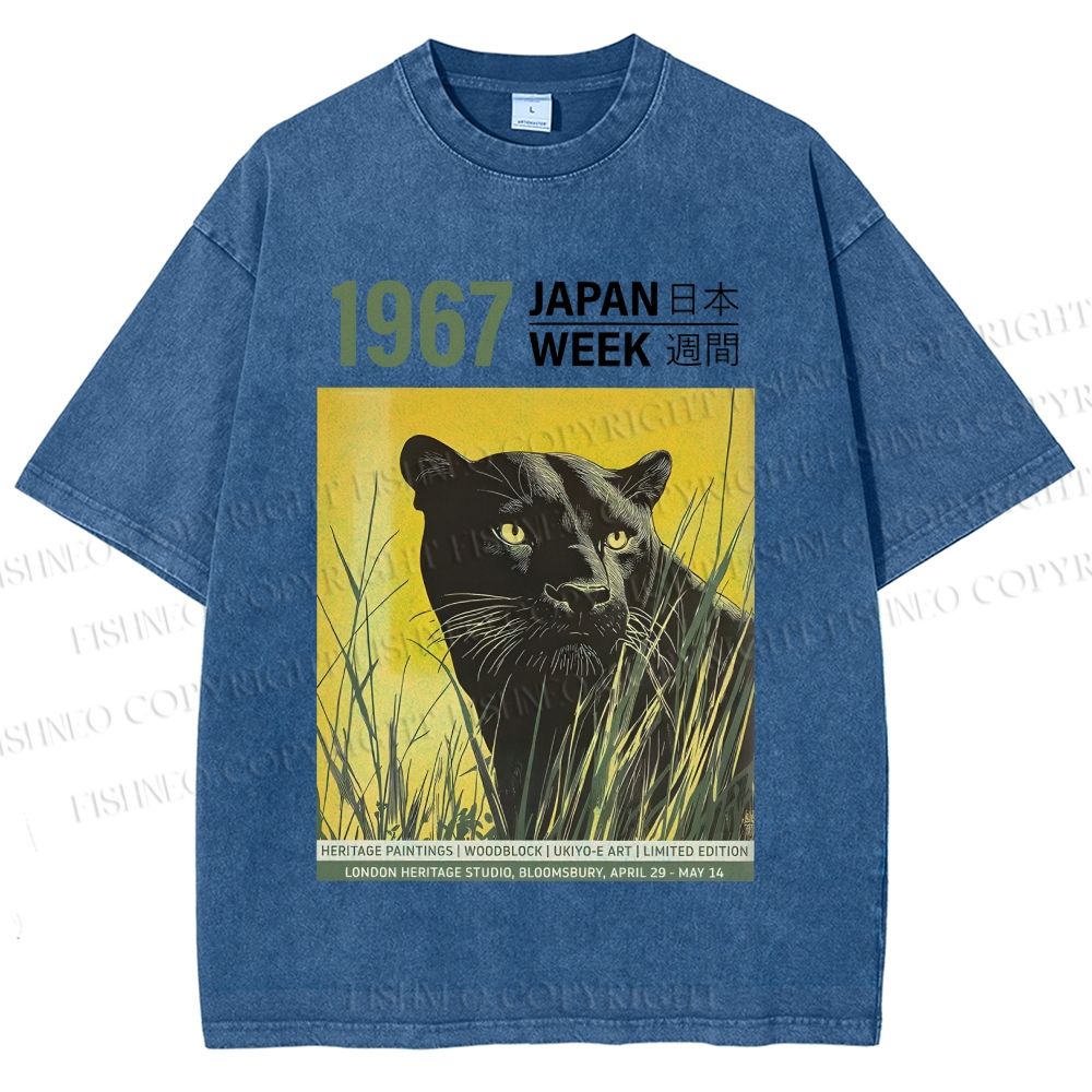 Unisex Vintage Japanese Panther Printed Washed Tee