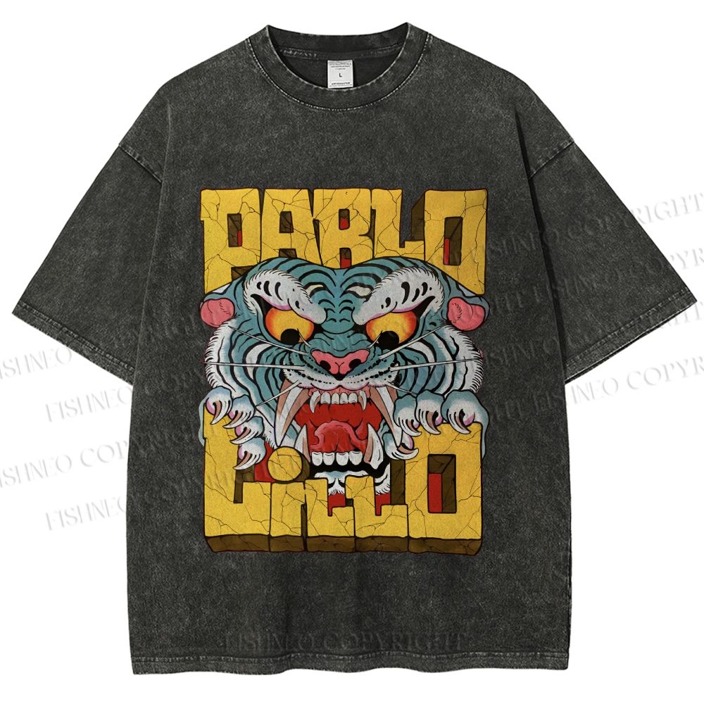 Unisex Vintage Tiger Graffiti Printed Washed Tee