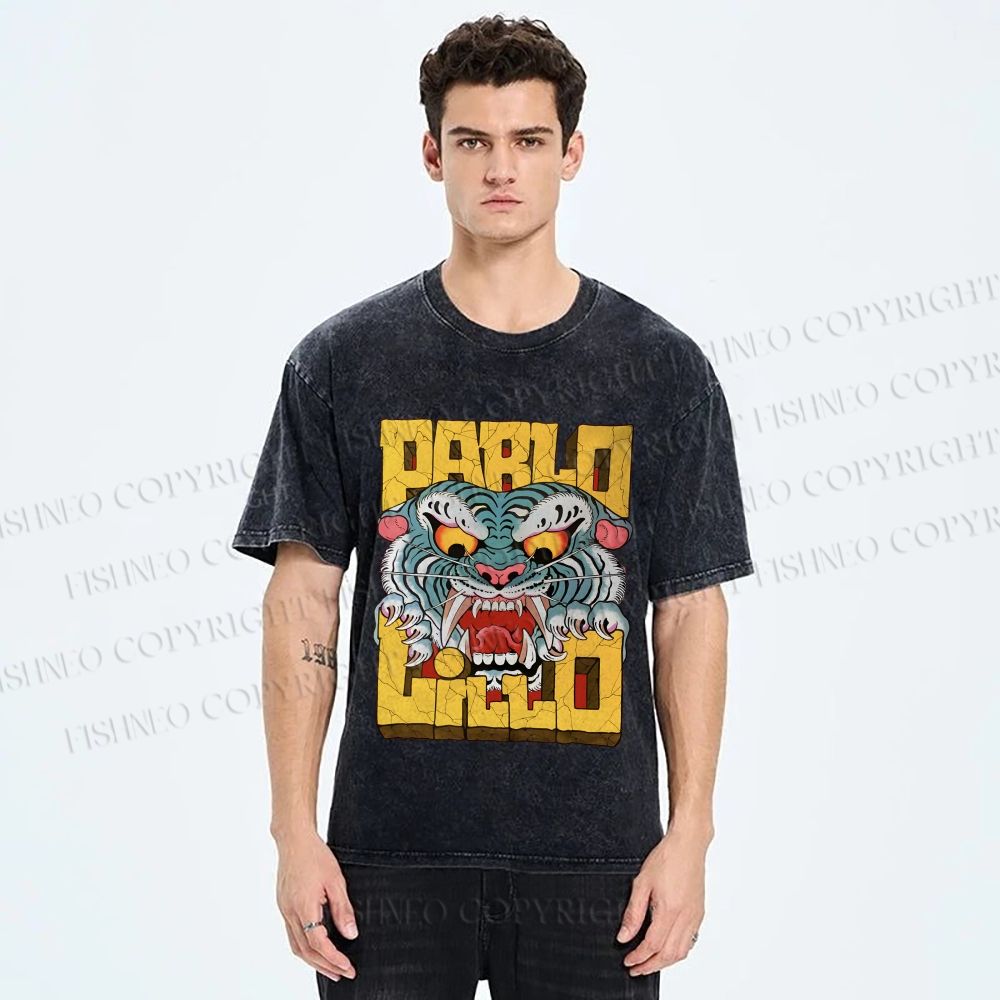 Unisex Vintage Tiger Graffiti Printed Washed Tee