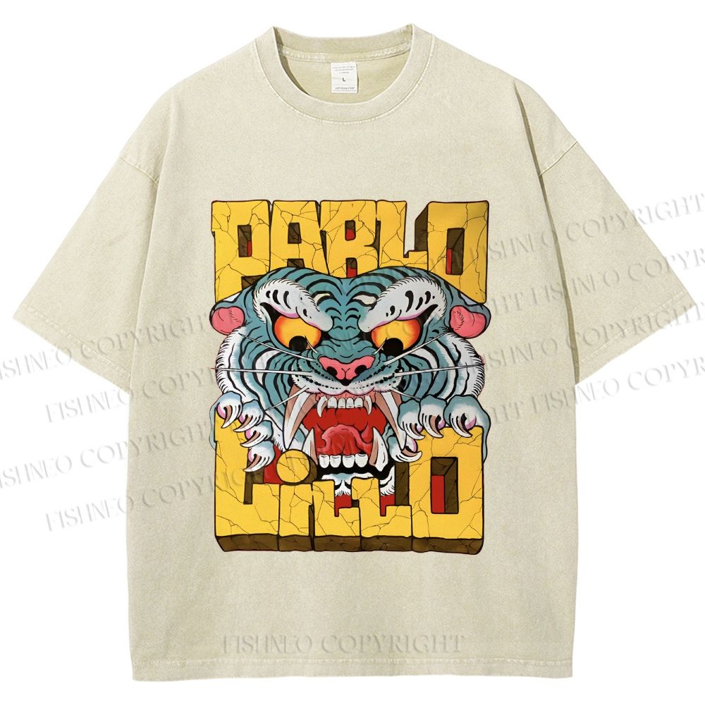 Unisex Vintage Tiger Graffiti Printed Washed Tee