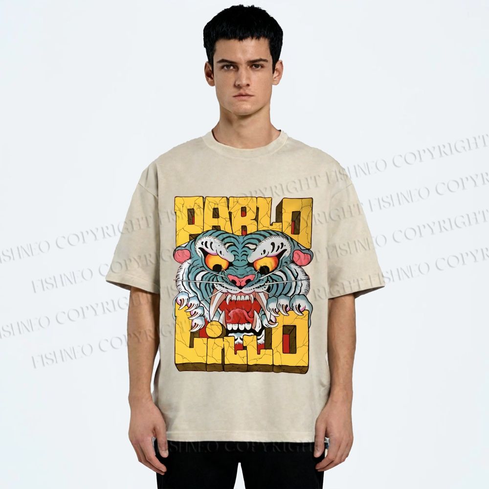 Unisex Vintage Tiger Graffiti Printed Washed Tee