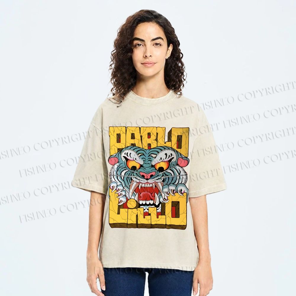 Unisex Vintage Tiger Graffiti Printed Washed Tee