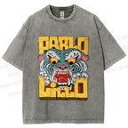 Unisex Vintage Tiger Graffiti Printed Washed Tee
