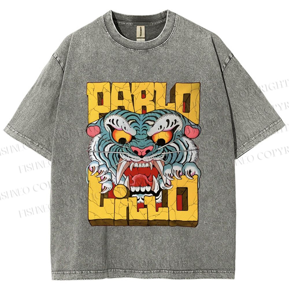 Unisex Vintage Tiger Graffiti Printed Washed Tee
