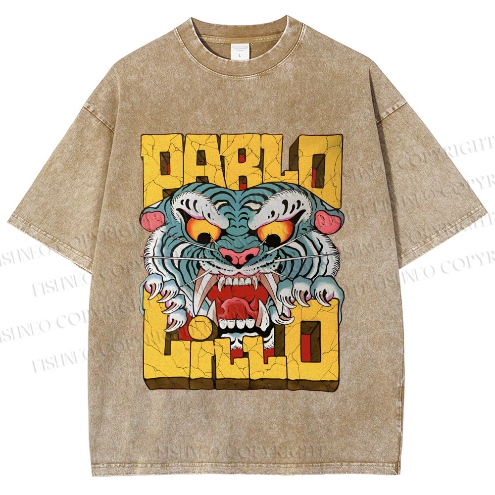 Unisex Vintage Tiger Graffiti Printed Washed Tee