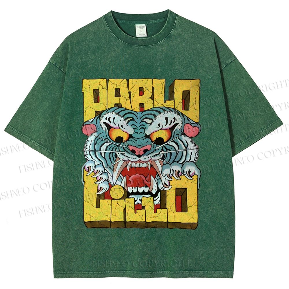 Unisex Vintage Tiger Graffiti Printed Washed Tee