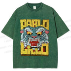Unisex Vintage Tiger Graffiti Printed Washed Tee