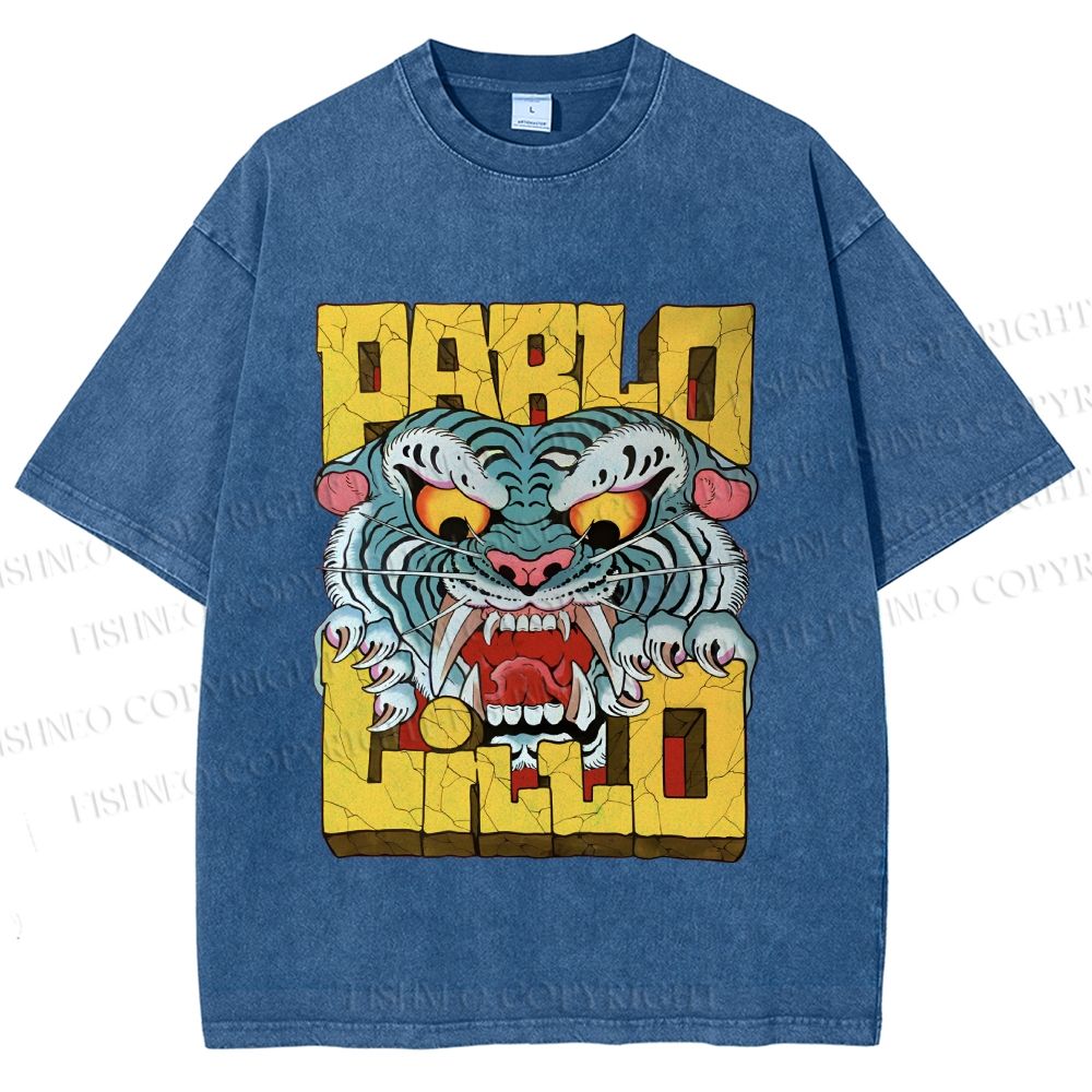 Unisex Vintage Tiger Graffiti Printed Washed Tee