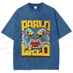 Unisex Vintage Tiger Graffiti Printed Washed Tee
