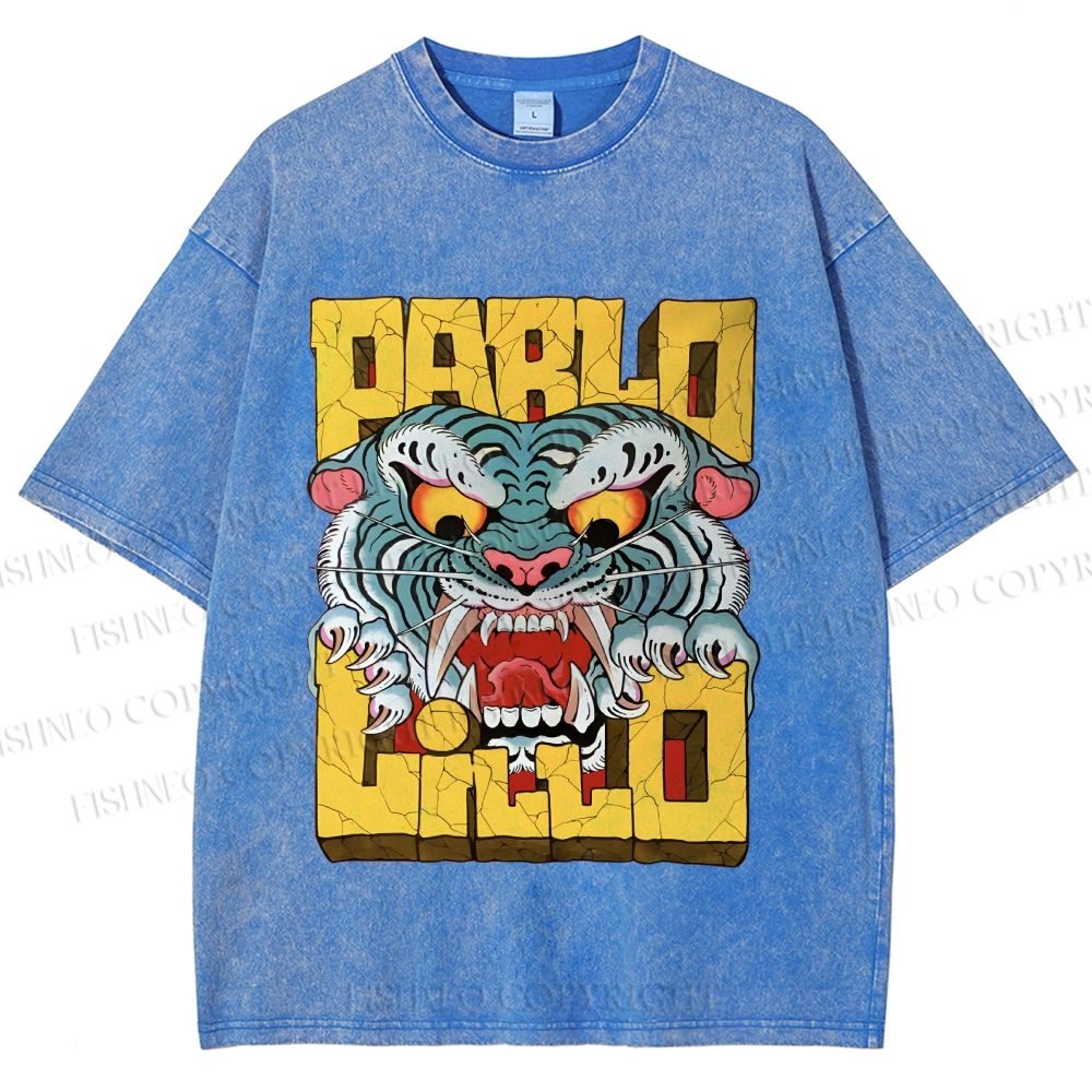 Unisex Vintage Tiger Graffiti Printed Washed Tee