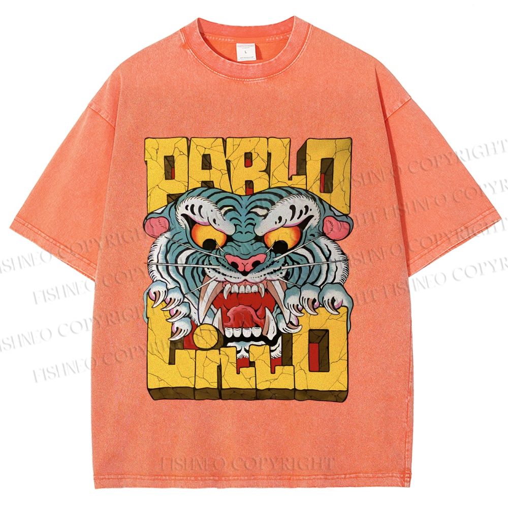 Unisex Vintage Tiger Graffiti Printed Washed Tee
