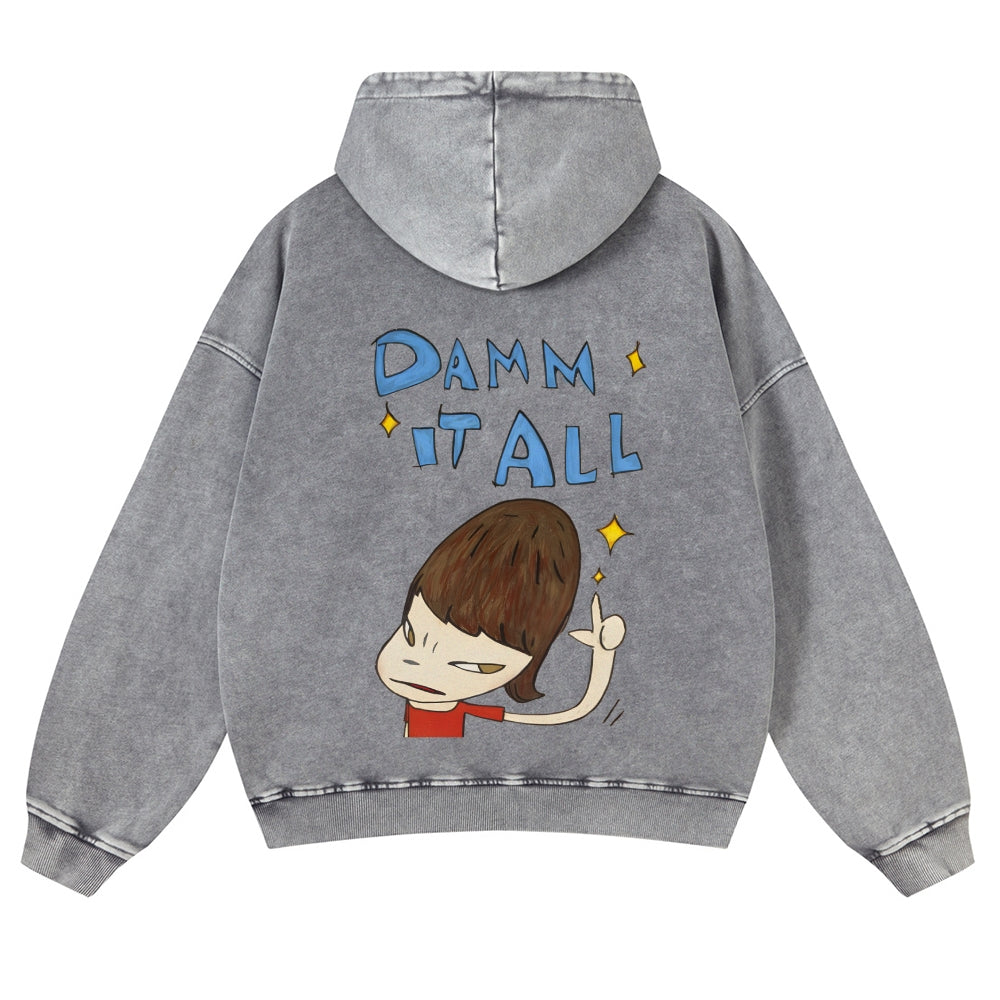 Casual Japanese Art Yoshitomo Nara Damn It All Washed Hoodie