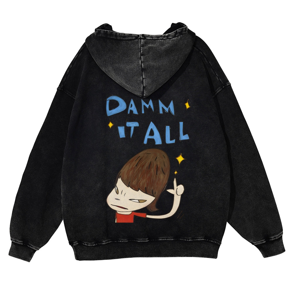 Casual Japanese Art Yoshitomo Nara Damn It All Washed Hoodie