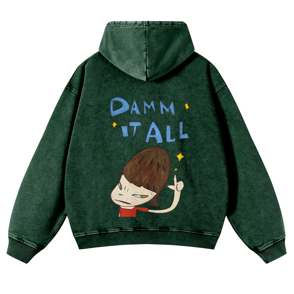 Casual Japanese Art Yoshitomo Nara Damn It All Washed Hoodie